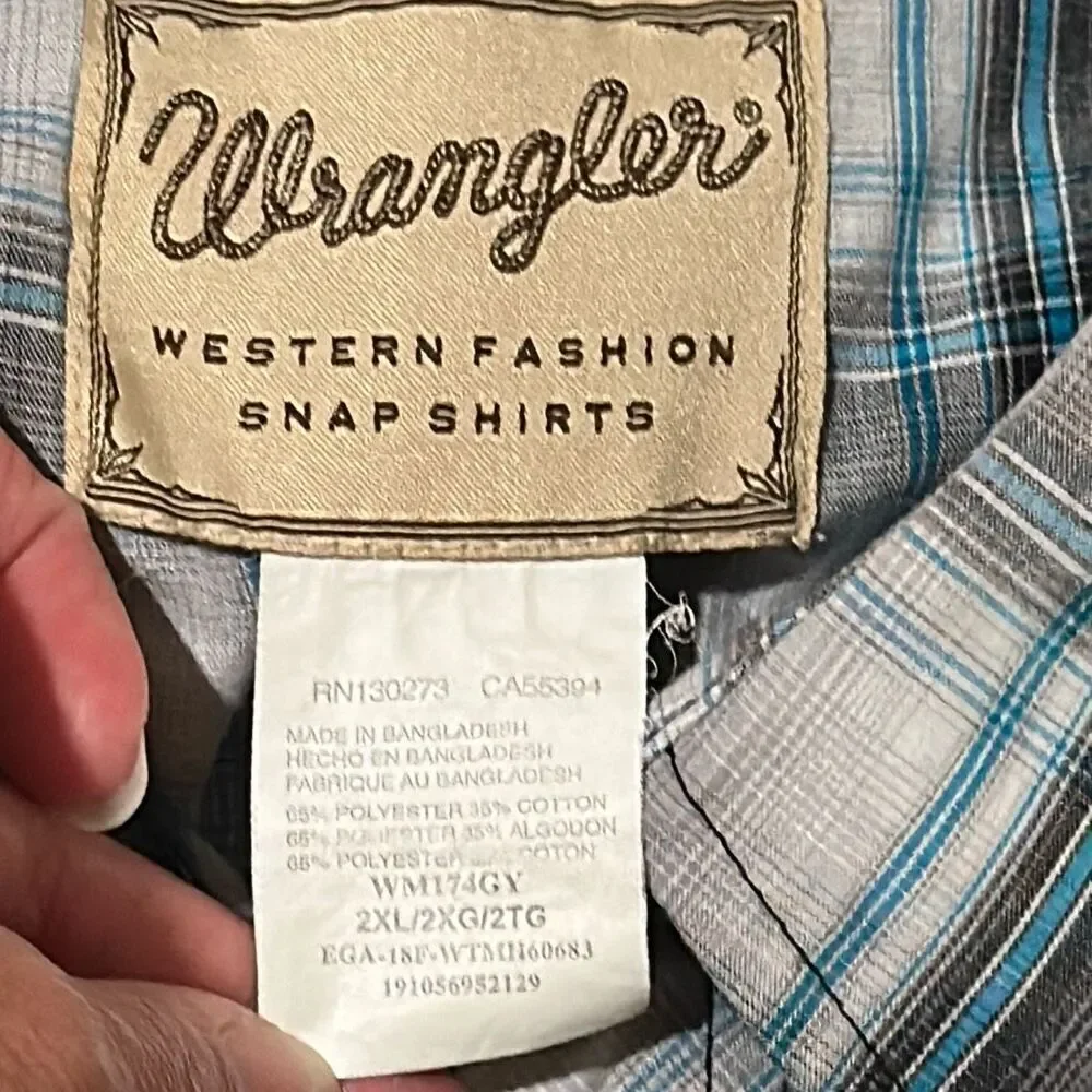Wrangler 2XL black gray turquoise plaid pearl snap western shirt